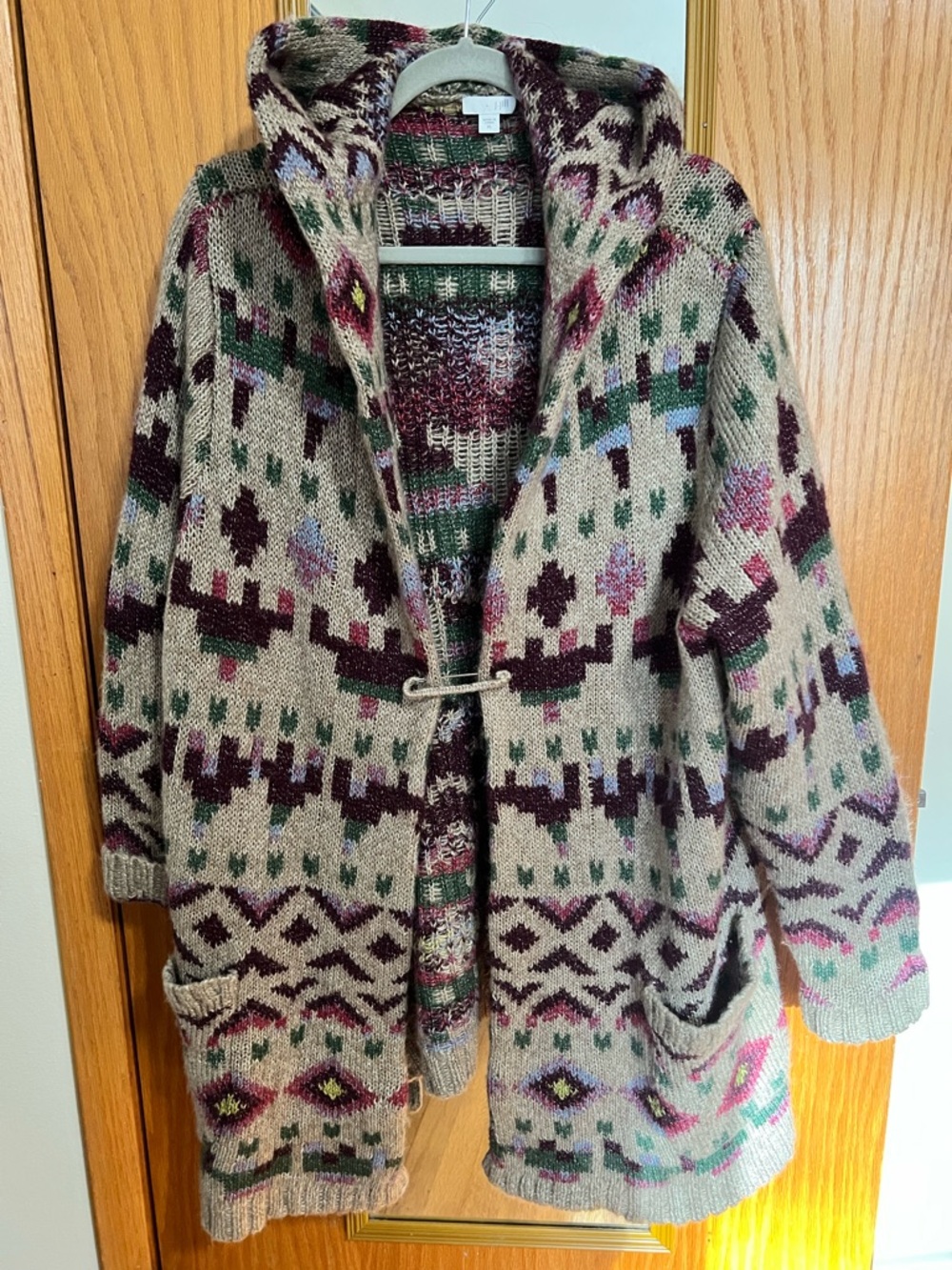 J. Jill Beige Multicolor Hooded Knit wool blend Sweater Coat
